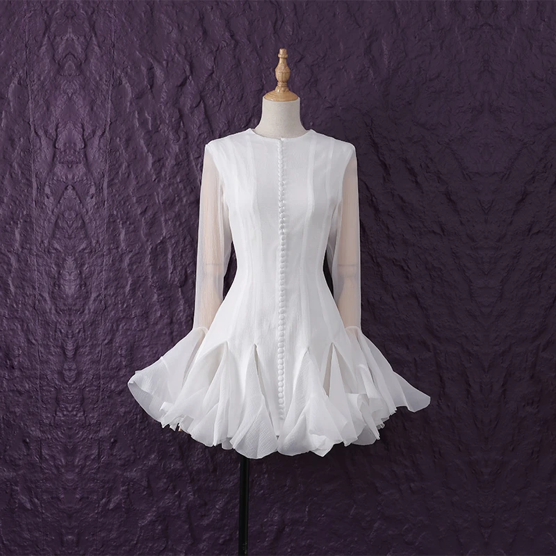 早秋新款名媛气质千金风小众设计感单排扣多层喇叭袖A字大摆裙仙