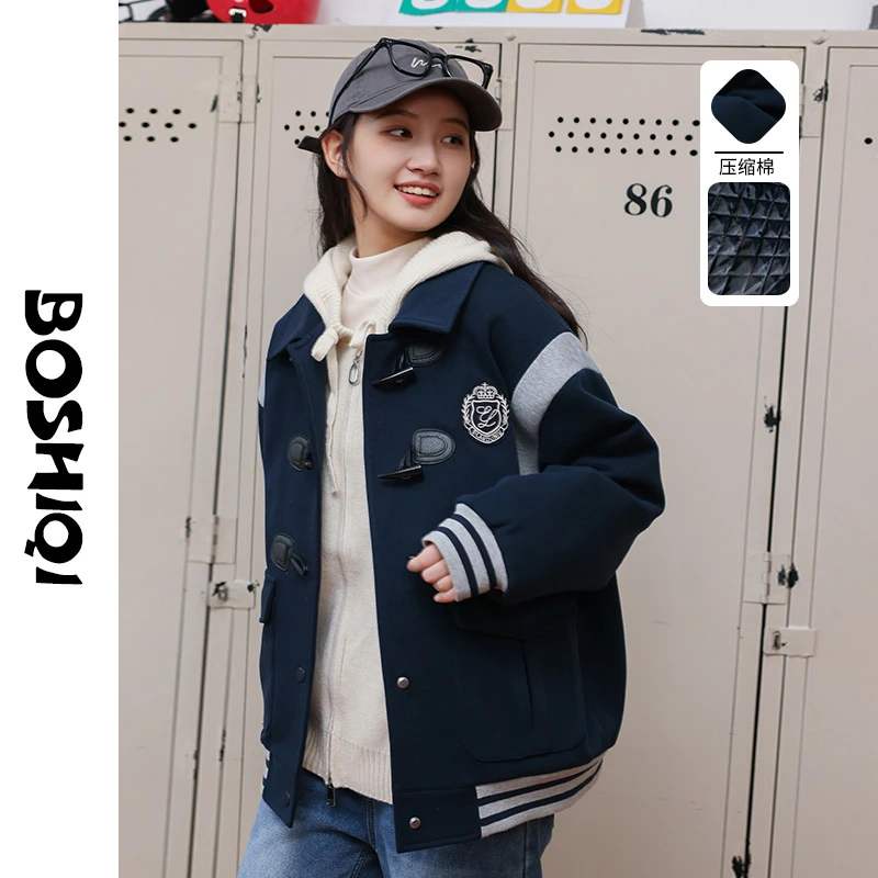 初高中学生学院风毛呢外套夹棉外套2024冬装加厚呢子牛角扣棒球服