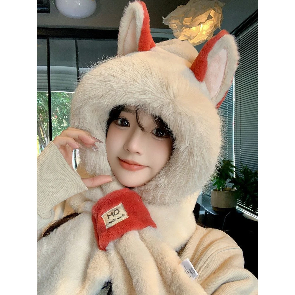 狐狸耳朵毛绒帽子围巾一体女秋冬季骑车保暖护耳2024新款围脖Z330