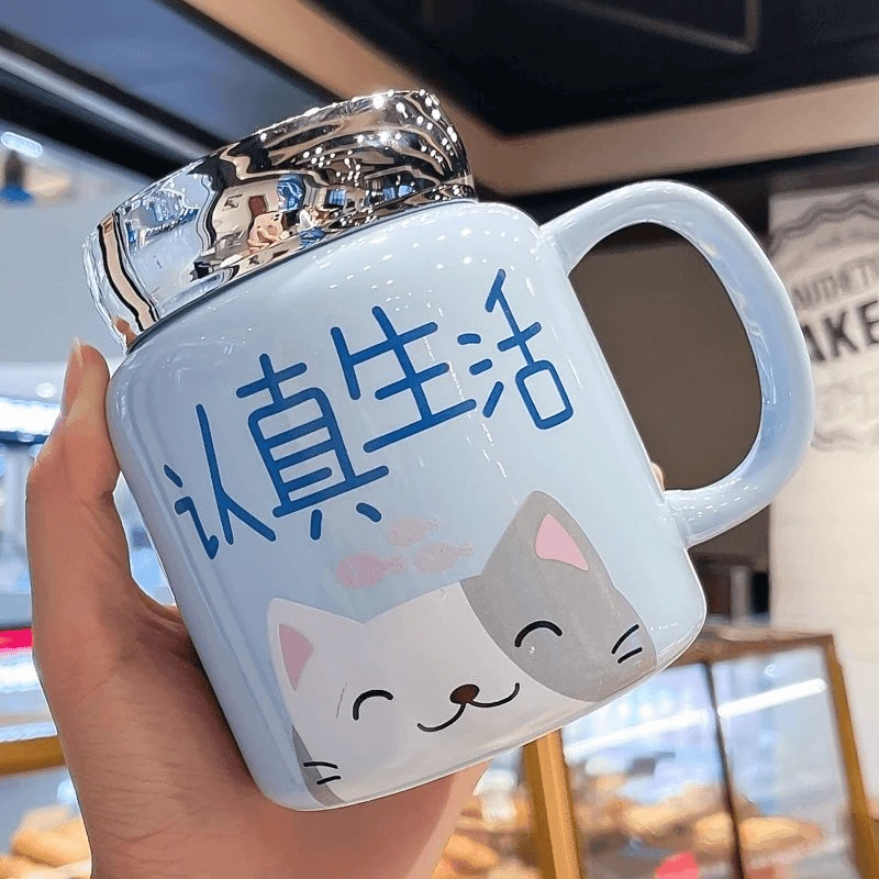 可爱萌情侣马克杯日式带盖办公室高颜值杯子女生家用陶瓷水杯T743