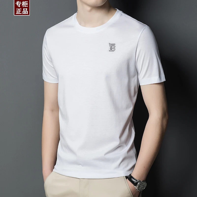 英伦轻奢LUNBBLRRY短袖T恤男士桑蚕丝纯色圆领百搭透气男装上衣潮