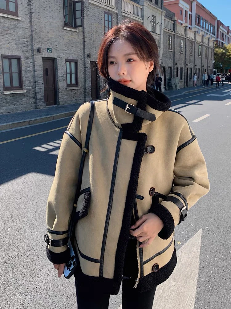 秋冬季洋气加绒加厚保暖豆绿色外套宽松显瘦机车服仿羊羔毛绒上衣