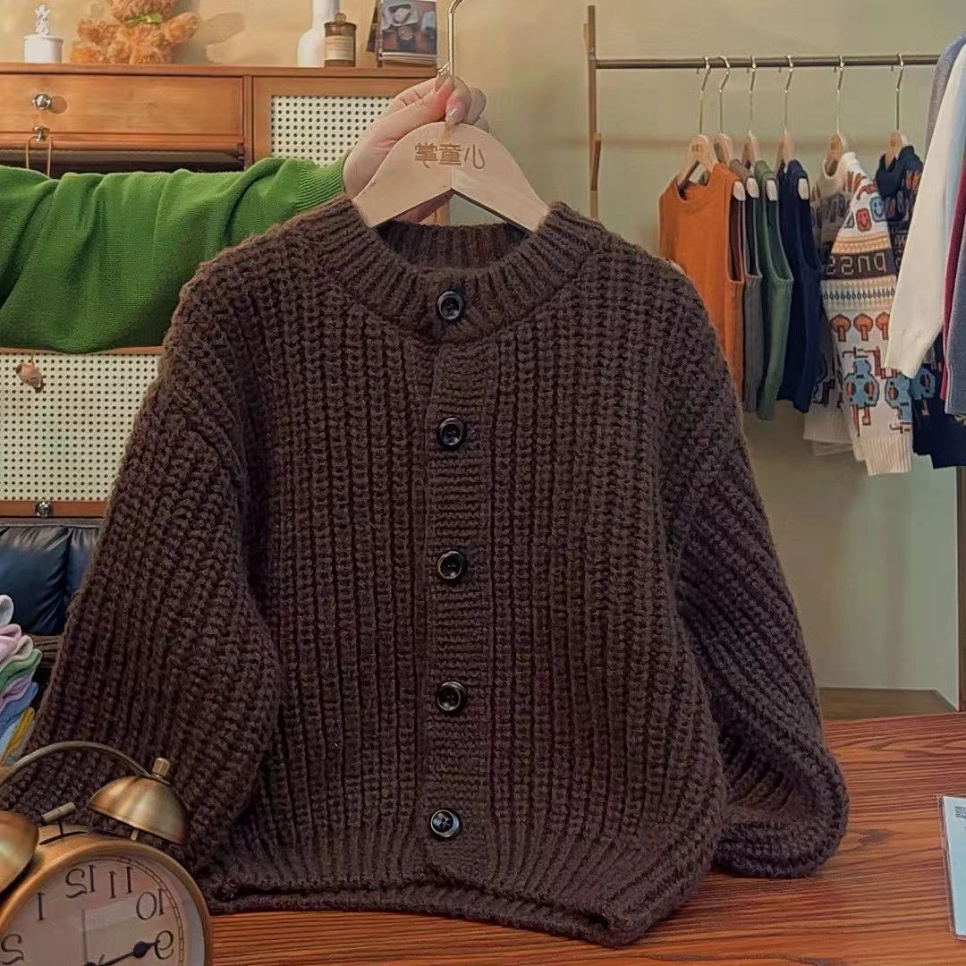 加厚童装针织开衫秋冬灯笼袖森系男童百搭圆领韩版宽松时尚女童