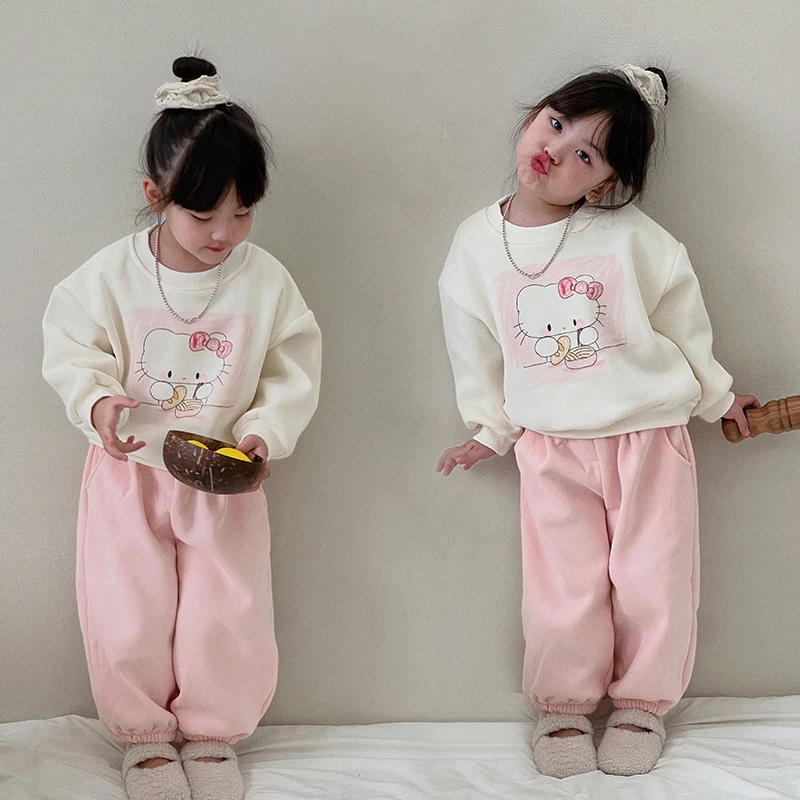 女童韩版套装2024秋冬新款小猫可爱加绒加厚卫衣粉色卫裤两件套潮