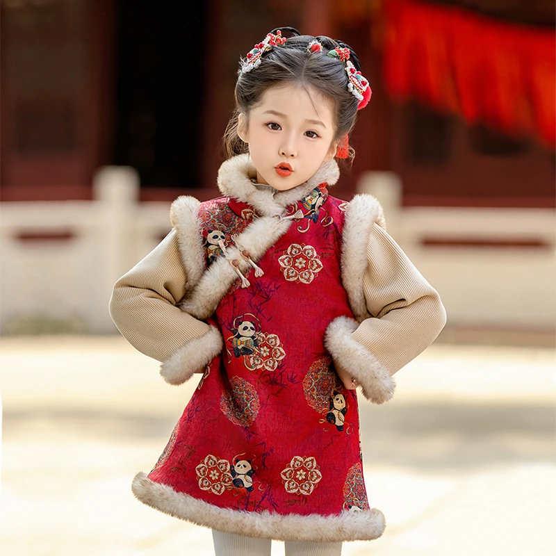 女童新中式旗袍连衣裙2024新款女宝织金加绒棉服裙女童年服周岁服