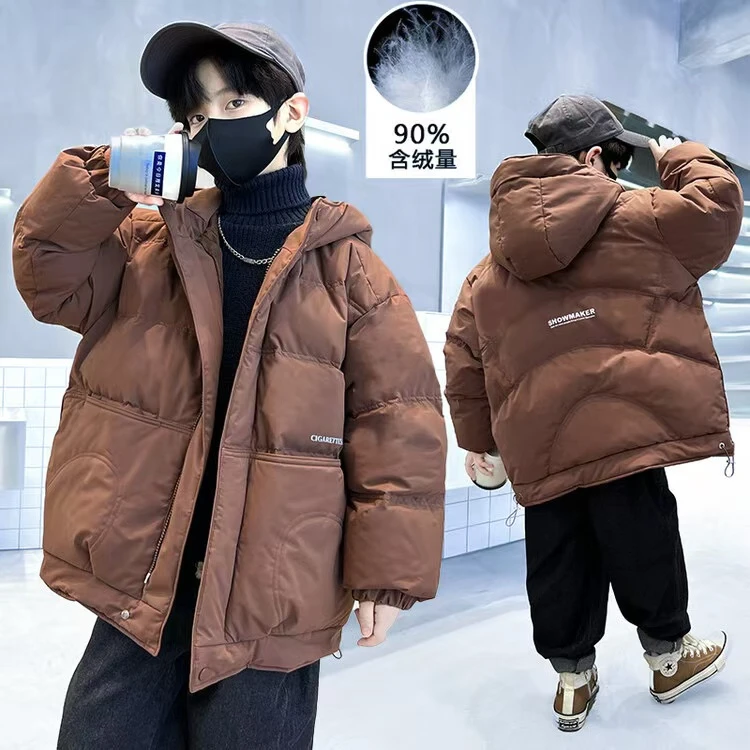 3265中大童冬季保暖加厚纯色连帽派克羽绒服