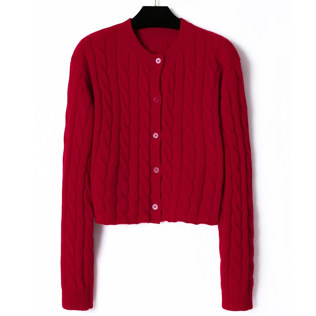 复古时尚圆领麻花针织 长袖上衣 红色秋冬长袖针织衫0694