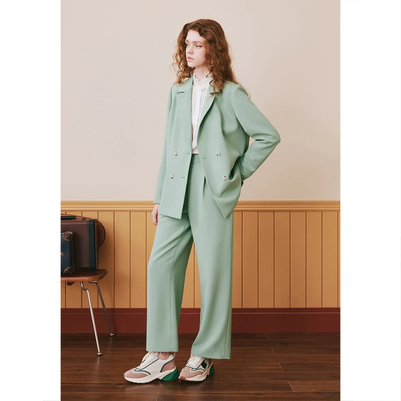 诗篇秋季清新薄荷绿仿醋酸气质时尚显瘦休闲宽松西装裤6C63320055