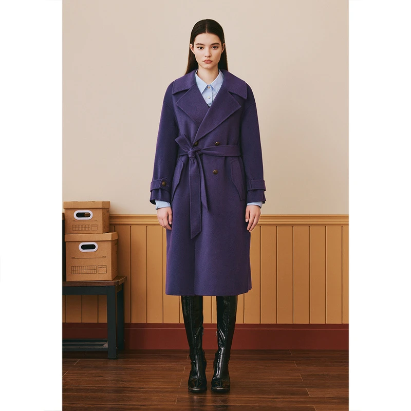 诗篇新款双面呢大衣时尚显瘦绵羊毛羊绒气质中长款大衣6C63580023