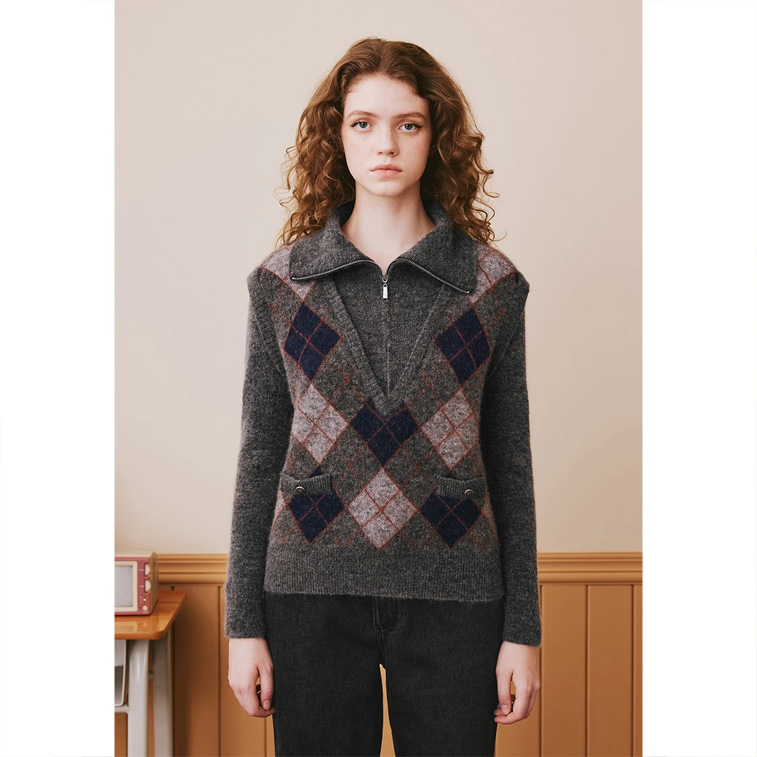 诗篇假两件马甲毛针织衫6C33506100