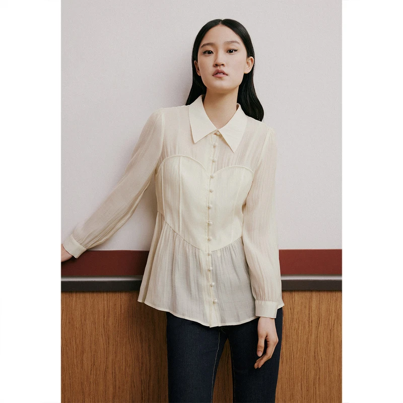 诗篇气质复古白色收腰显瘦百搭时尚法式小众设计感衬衫6C63130005