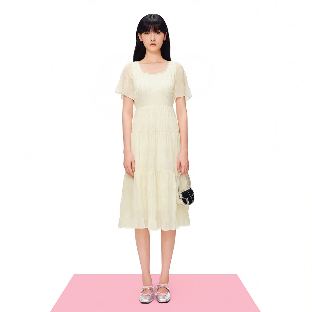 SALT.P可颜新款轻薄透气雪纺多节拼接白色连衣裙AC34205990