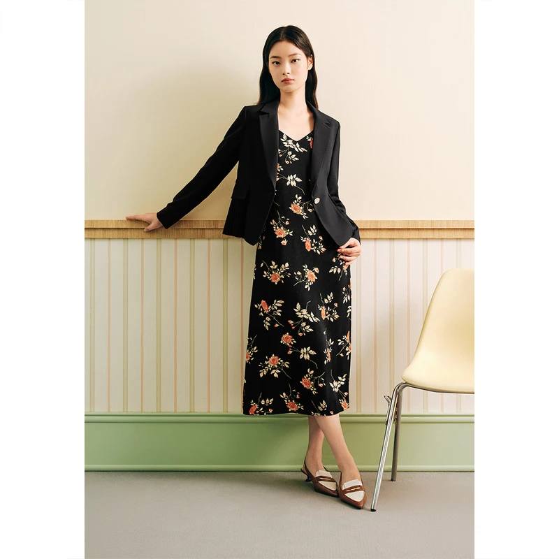 salt.p可颜新气质时尚复古印花轻奢真两件连衣裙套装AC53505130