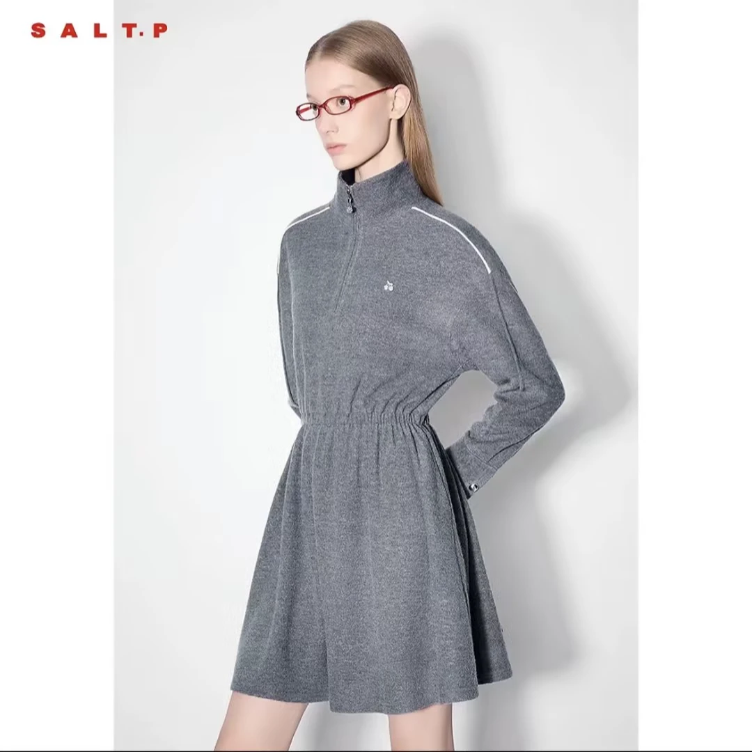 salt.p可颜新时尚气质长袖高级灰格雷系连衣裙AC34505080