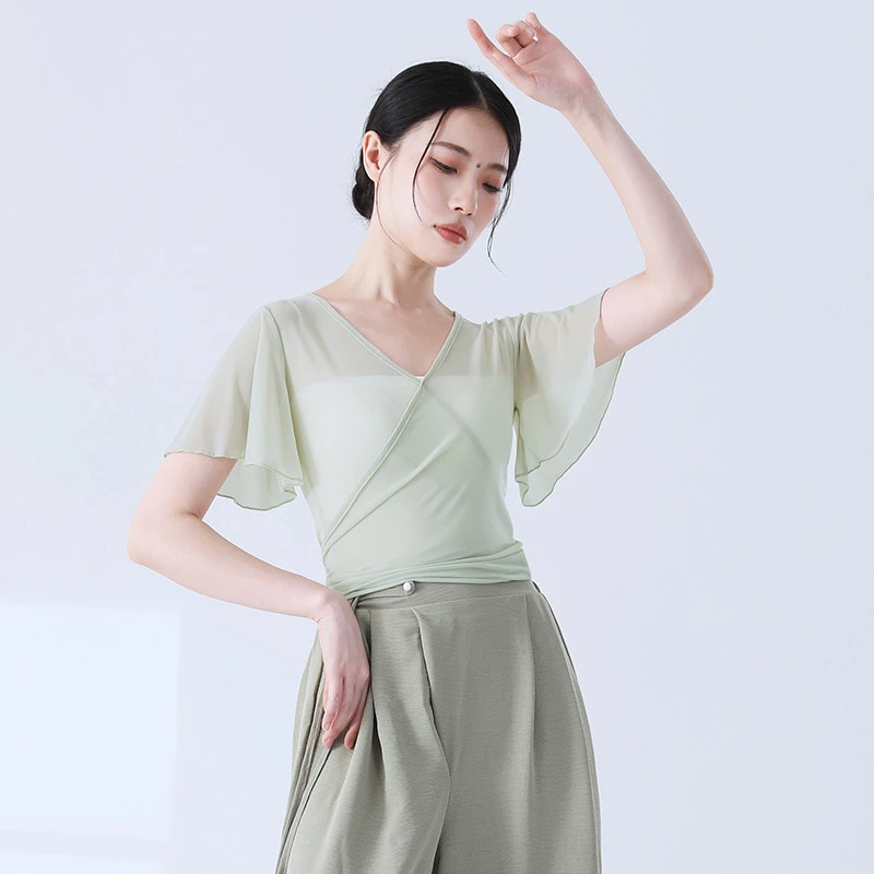 古典基训上衣女身韵练功服舞蹈网纱短款纱衣飘逸小飞袖演出舞服