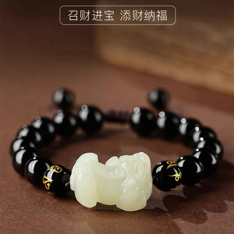 和田玉招财貔貅玉石手链男女貔恘手串玛瑙黑色编织本命年皮丘手饰