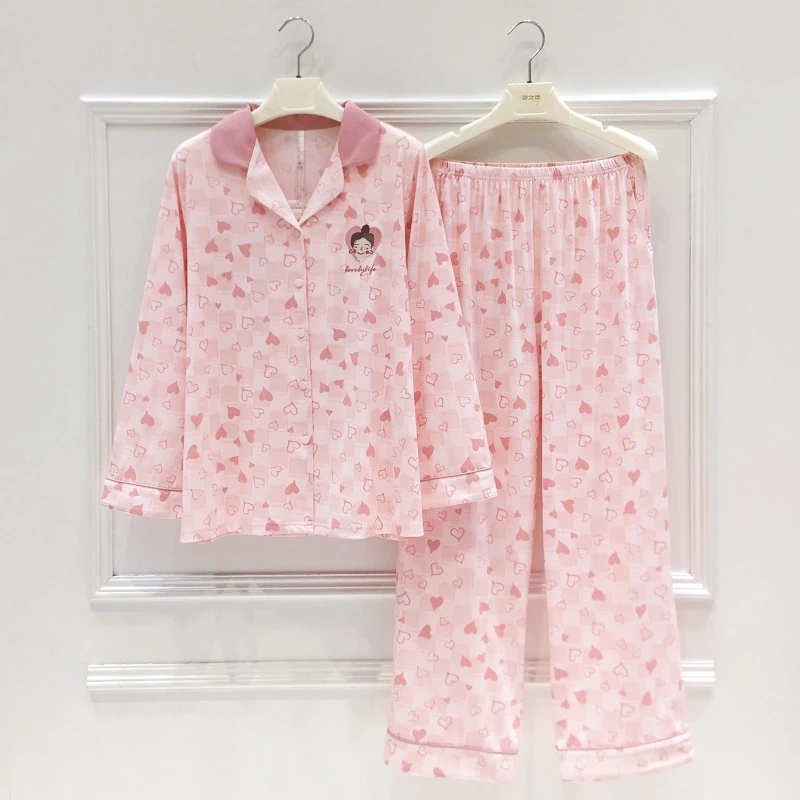 专柜安伴纯棉长袖睡衣女春夏2024新款短袖爱心休闲家居服可外穿