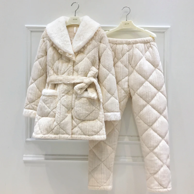 妮可雅法式公主风睡衣冬季女加绒加厚珊瑚绒夹棉保暖甜美家居服