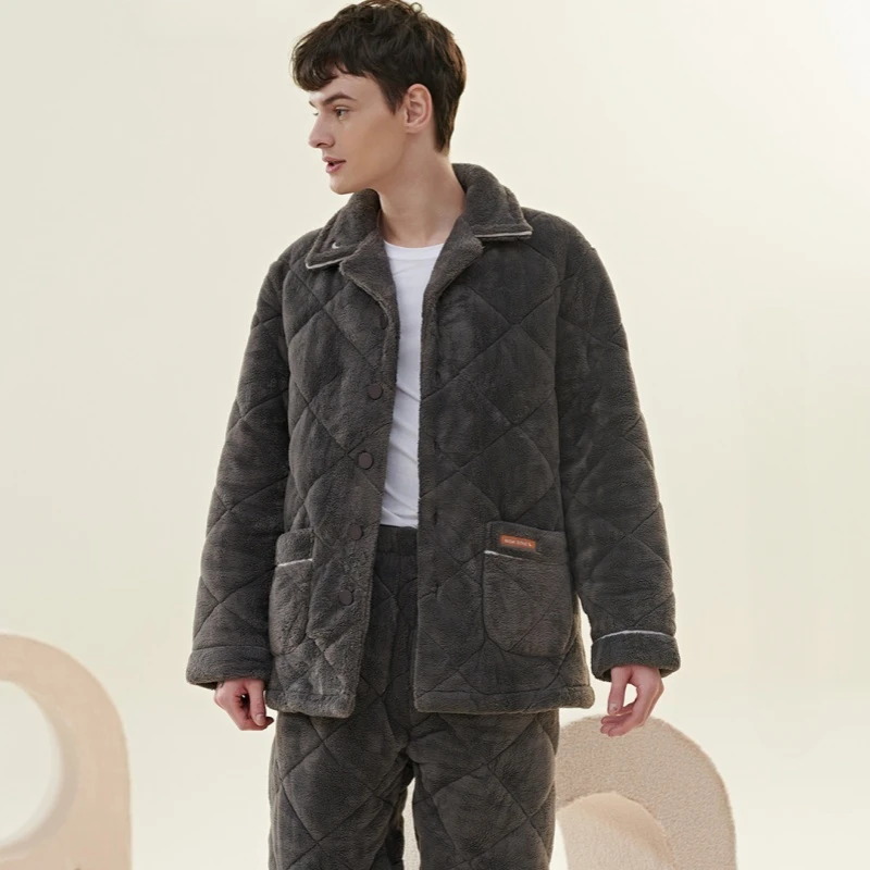 安伴珊瑚绒夹棉睡衣男款冬季加绒加厚三层保暖大码男士家居服