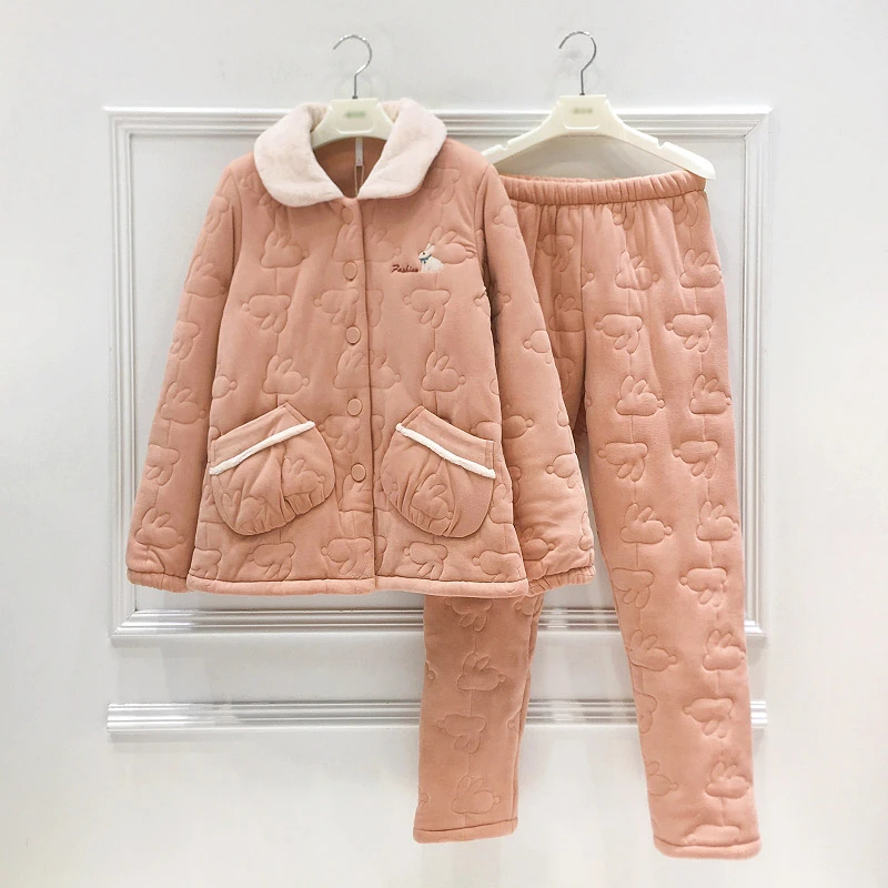 安伴加厚加绒睡衣女冬季2024新款卡通兔子珊瑚绒三层夹棉家居服