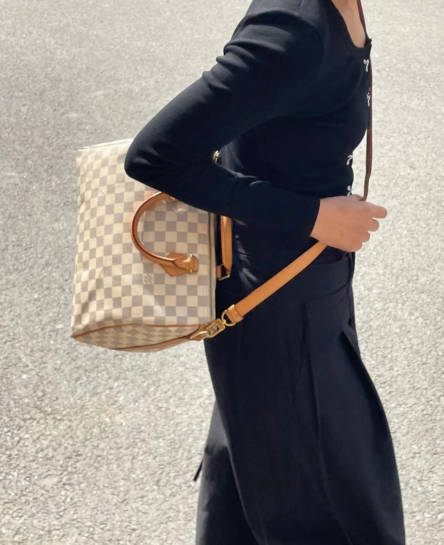 95新 LouisVuitton/路易威登 经典speedy30白色棋盘格肩带款全原