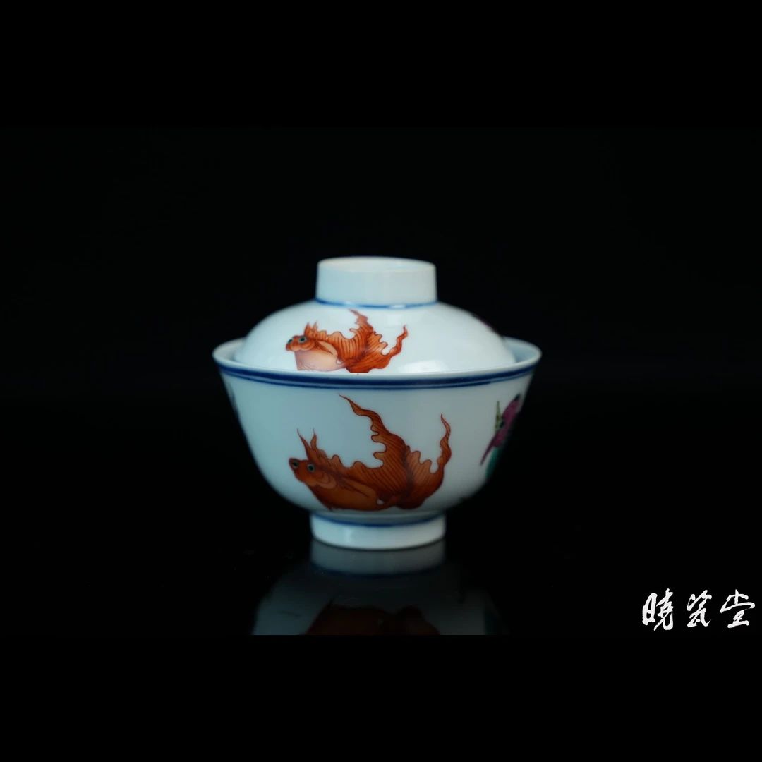 【晓瓷堂】清道光 青花粉彩年年有鱼盖碗 QT250071