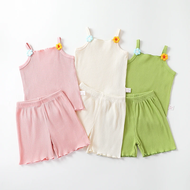 坑条棉居家吊带婴幼女宝套装ins女童夏季薄款吊带宝宝上衣两件套