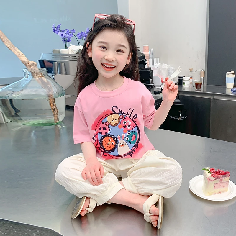 纯棉女童短袖t恤夏款新款洋气夏季薄款T宝宝儿童夏装春装上衣粉白