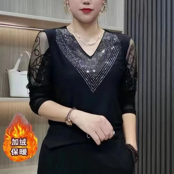 【产地溯源】V领烫钻拼接内搭加绒显瘦时尚气网红洋气长袖打底衫