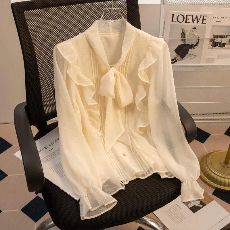 法式甜美雪纺衫女2025年春季新款小香风荷叶边上衣蝴蝶结长袖衬衣