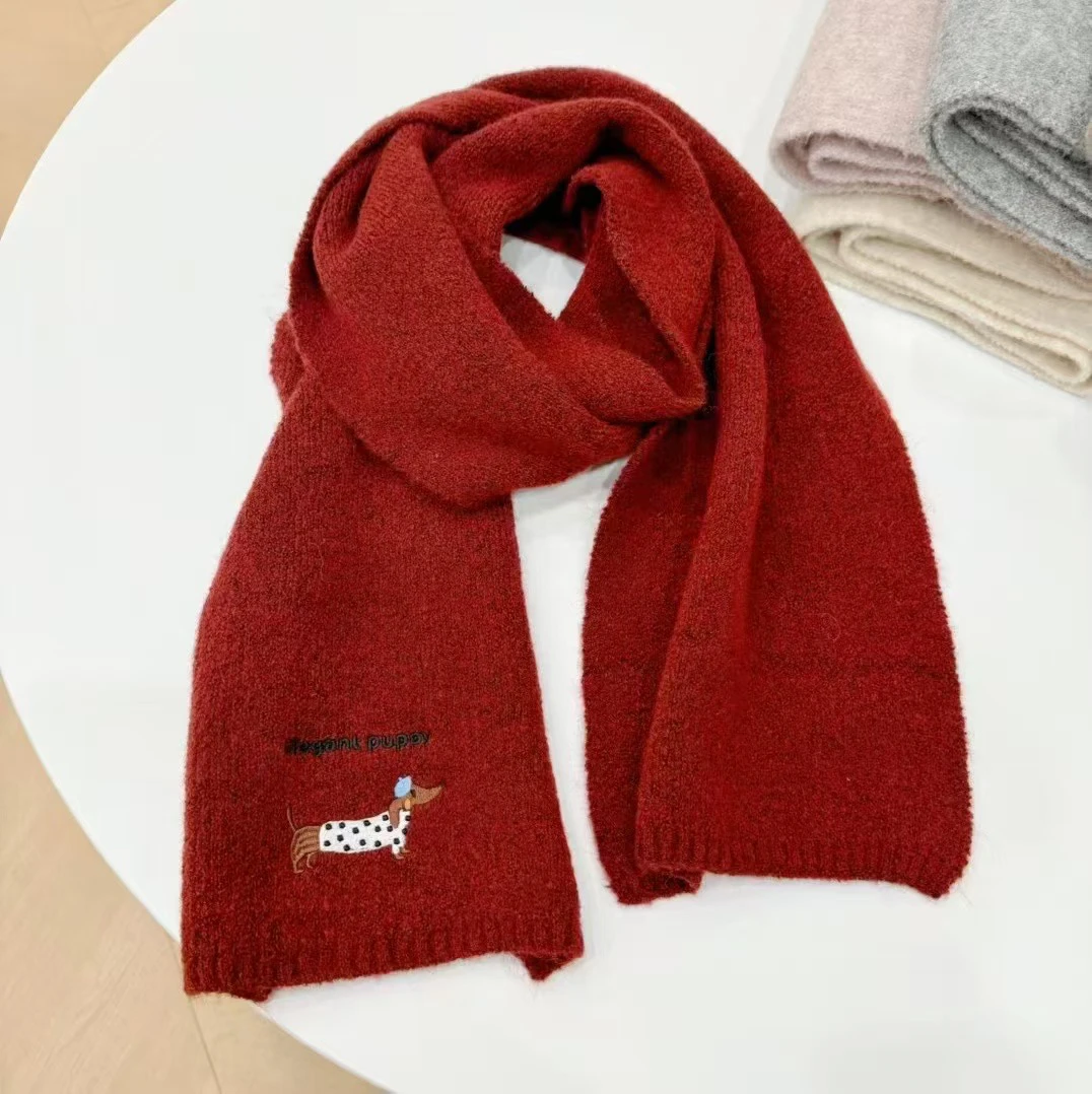 可爱小猫刺绣针织围巾女保暖百搭秋冬围巾