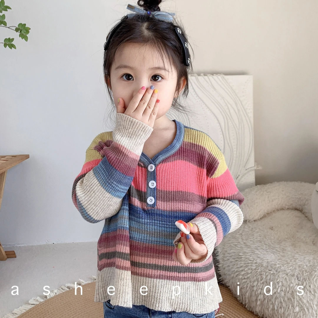 女童针织衫长袖彩色春秋条纹女宝撞色韩版外穿公主风洋气
