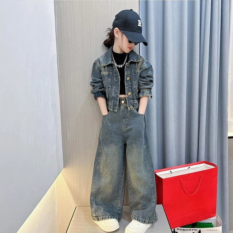 女童牛仔套装秋季2025新款牛仔两件套外套牛仔长裤韩版炸街时尚