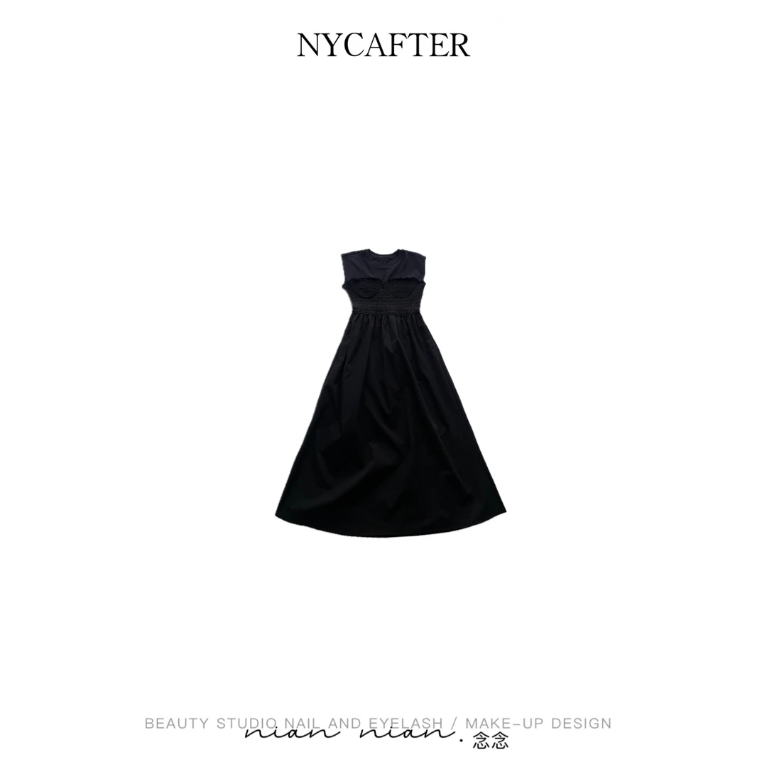 弹力拼接黑色连衣裙女装无袖连衣裙设计师IU496