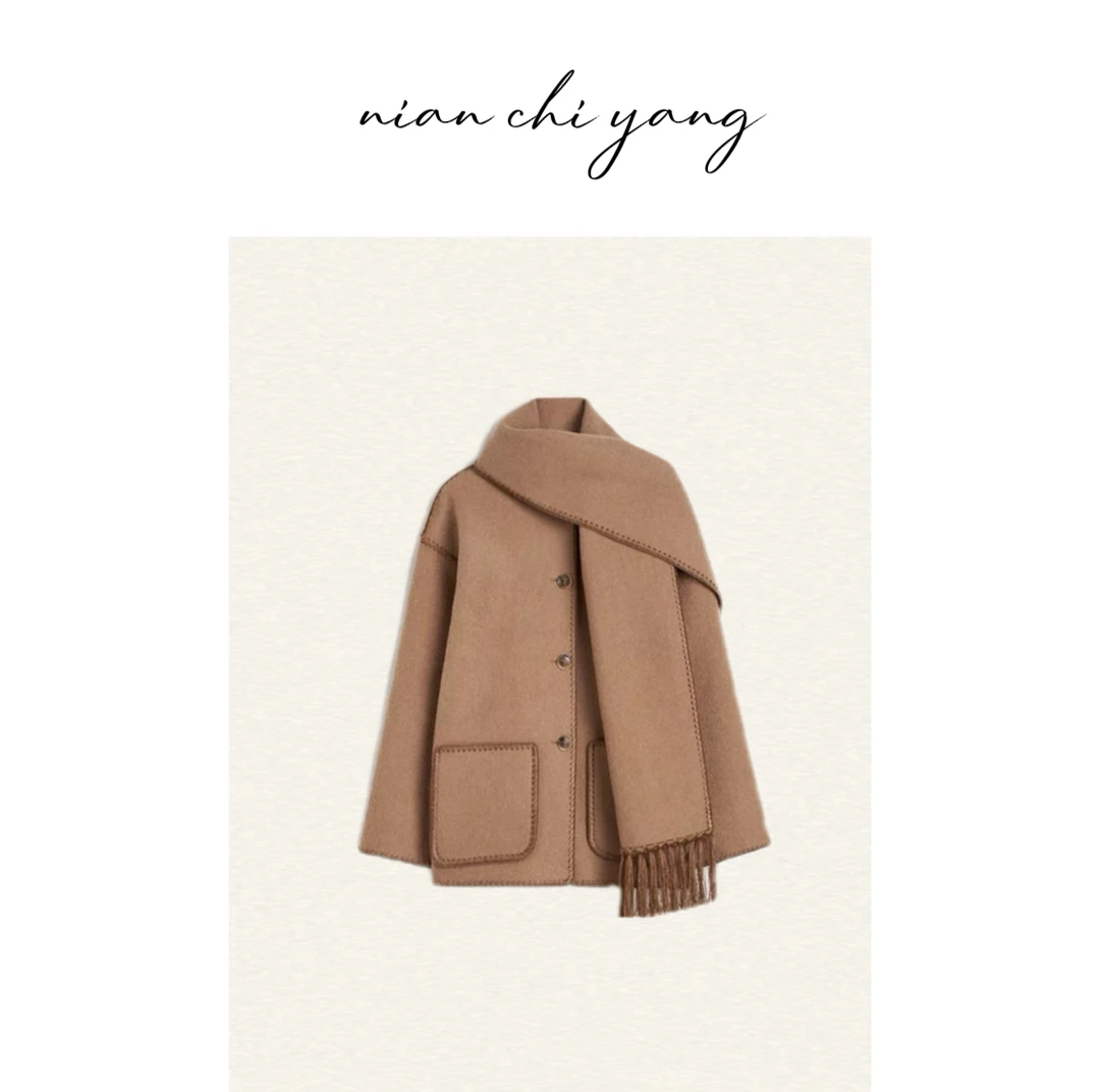 [新款]【含羊毛】TO驼色大衣美拉德围脖夹克外套YY1327