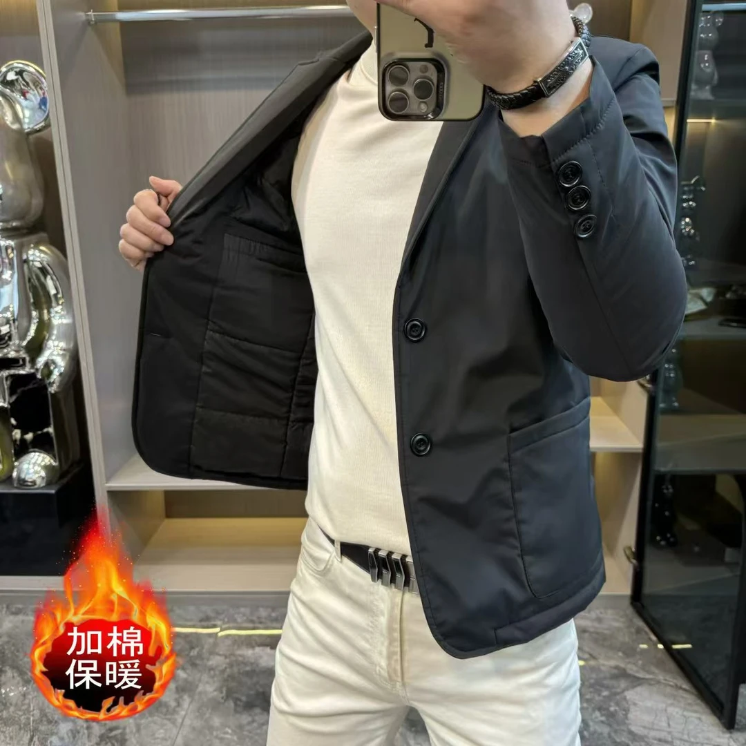 2024冬季新款男士西服商务休闲加棉西服保暖韩版纯色修身百搭西装