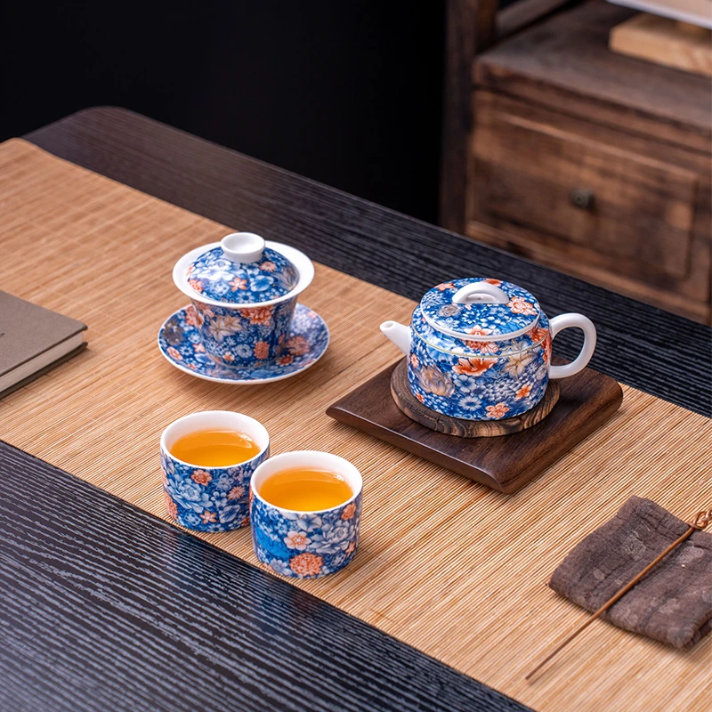 珐琅彩百花齐放功夫茶具套装高级轻奢泡茶工具新款陶瓷盖碗泡茶器