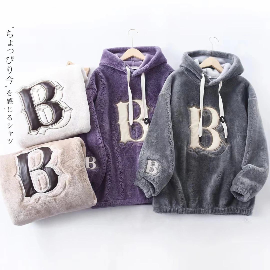 7096#冬季加绒加厚连帽卫衣 刺绣大B保暖上衣【雪菲33号店】