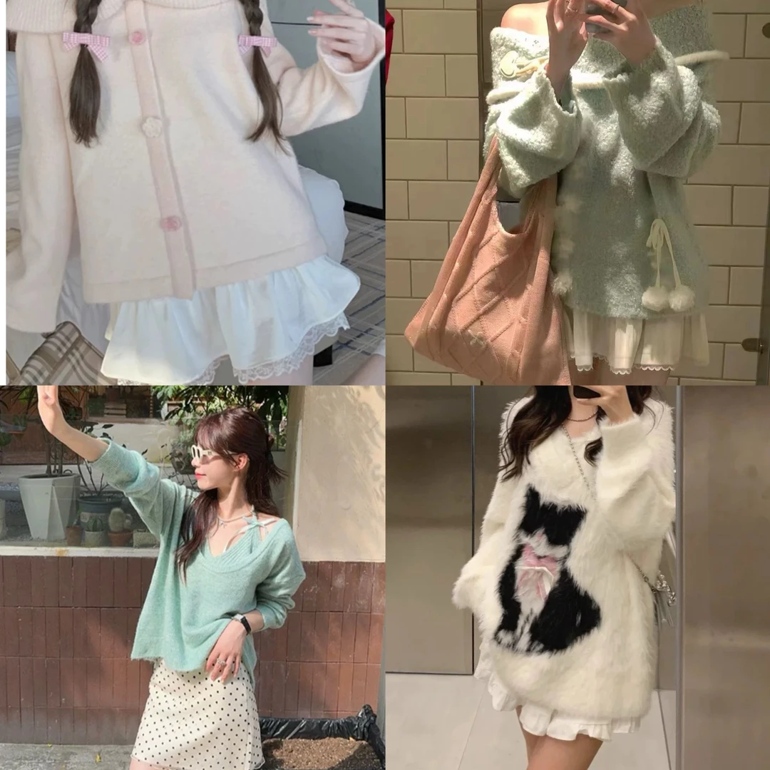 柒宝拍一发三早秋女秋冬可爱连帽针织衫软糯多巴胺甜妹组合9.23