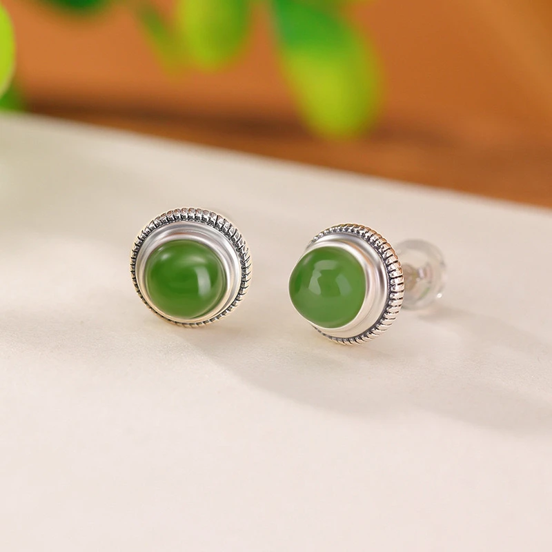 S925纯银和田玉碧玉复古做旧圆形花纹耳钉民族风气质耳钉