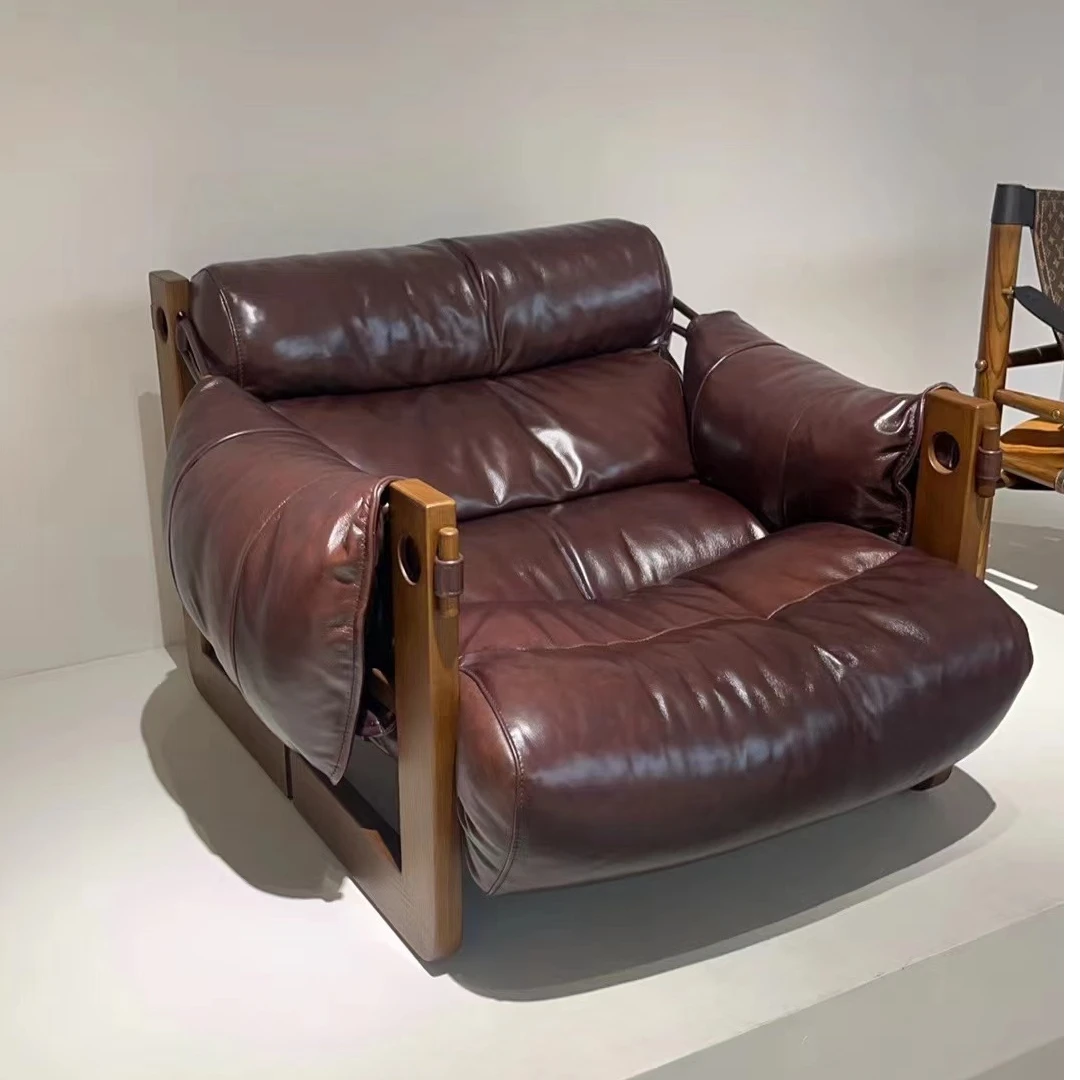 中古风北欧单人沙发椅实木复古设计师款家用休闲卧室真皮泽西岛椅