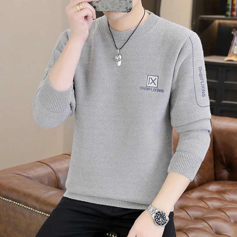 高端一体绒男士毛衣冬季加绒加厚圆领针织衫秋冬保暖打底衫毛线衣