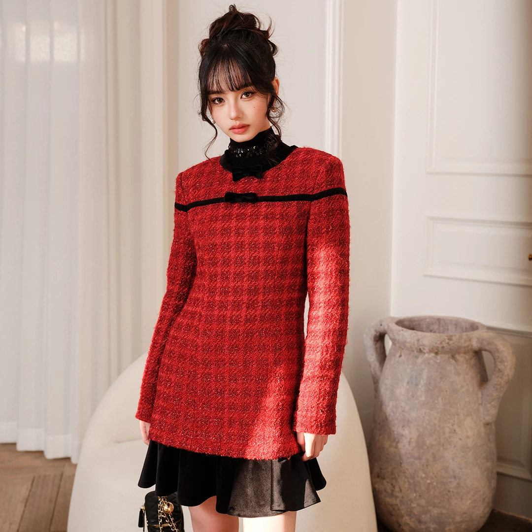 小香风酒红花呢长袖荷叶边裙黑色仿水貂毛披肩圣诞新年款