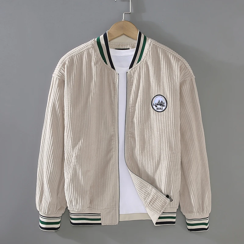 G065小众潮牌秋季新款男女同款棉灯芯绒粗条纹棒球夹克休闲外套