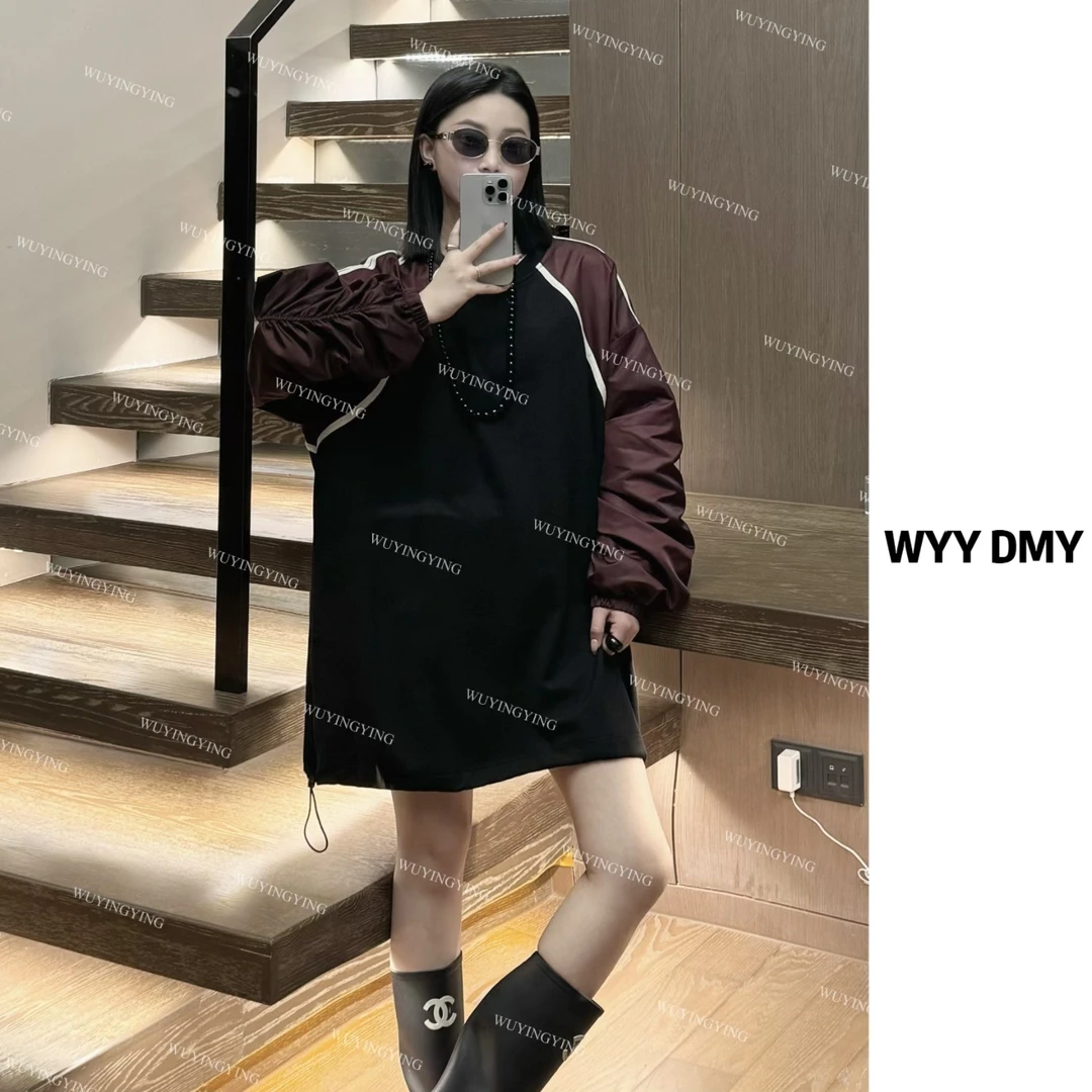 WUYINGYING【演绎时髦】早秋撞色拼接设计INS宽松显瘦圆领连衣裙