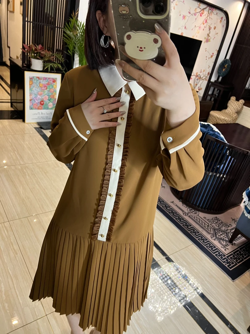 【安姬迩·自制】 辛德瑞拉小黑裙小翻领百褶通勤百搭弹力长袖连衣裙