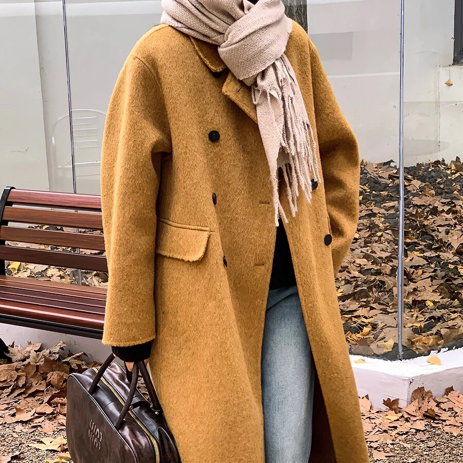 【安姬迩◆自制】羊毛大衣高个子宽松韩版双排扣微胖女生大衣2025