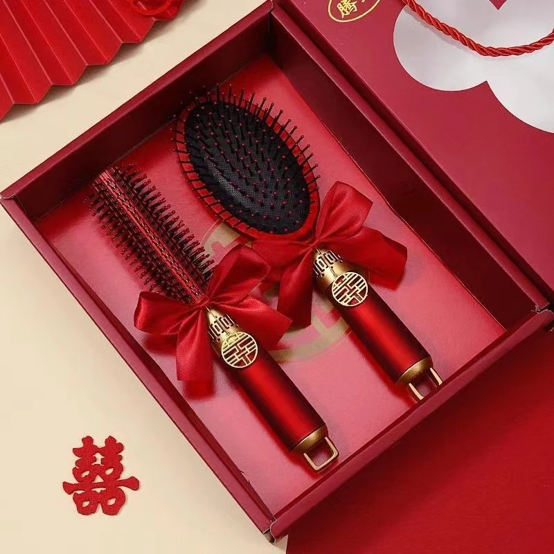 镜子梳子结婚一对红色气垫排骨梳女方陪嫁喜镜礼盒装嫁妆婚庆用品