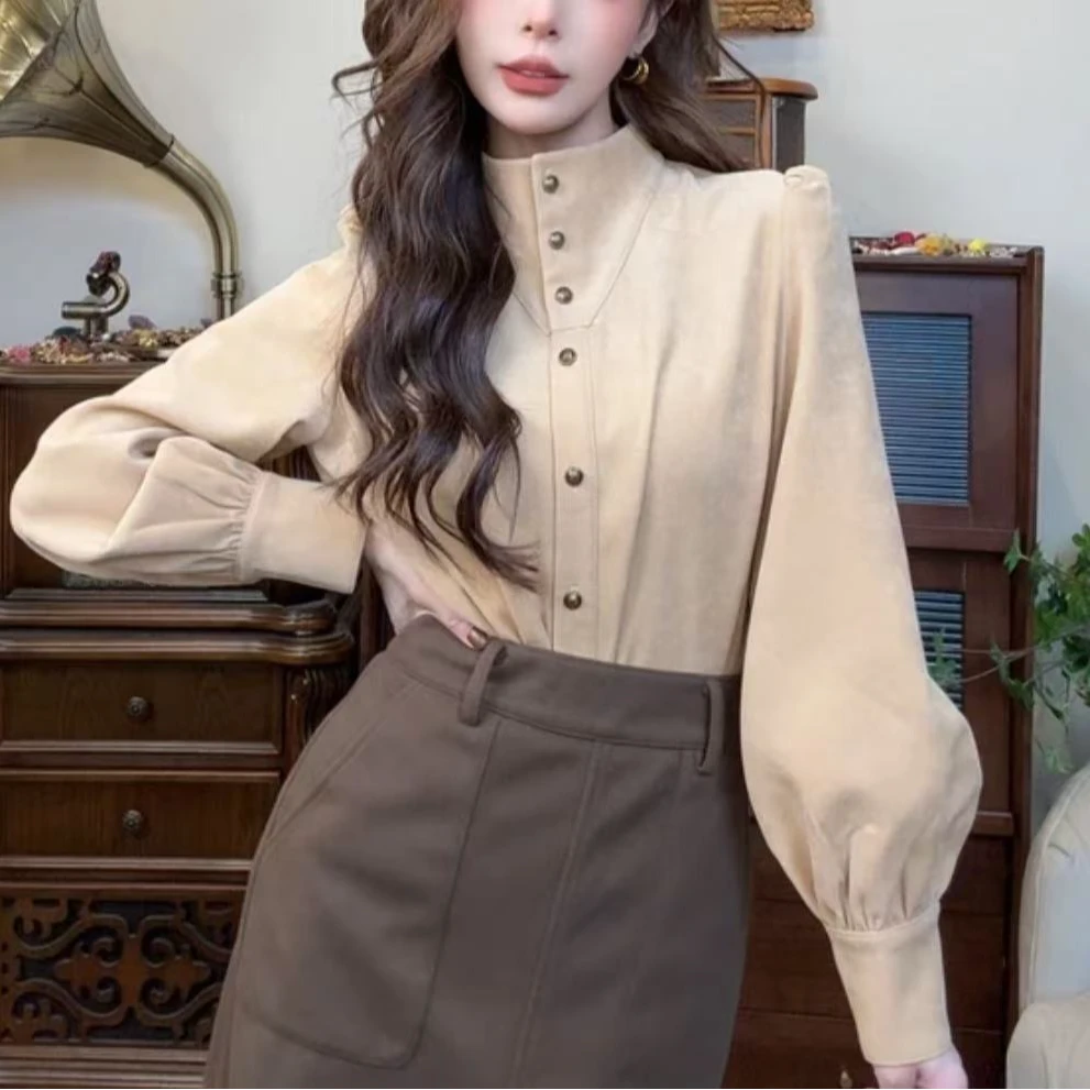 港风立领衬衫女设计感小众长袖衬衣秋冬季新款韩版复古上衣8355