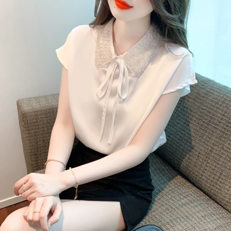 法式网纱娃娃领短袖衬衫女夏季新款百搭宽松气质雪纺上衣【1331】